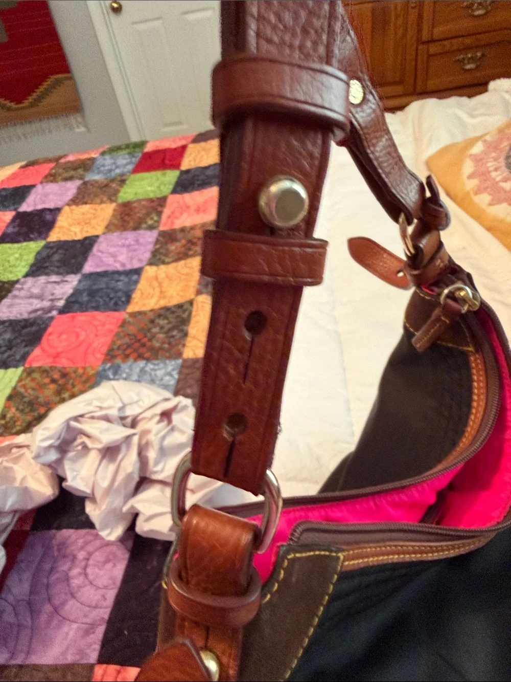 Dooney & Bourke large Erika black nylon quilted shoulder bag with tan leather